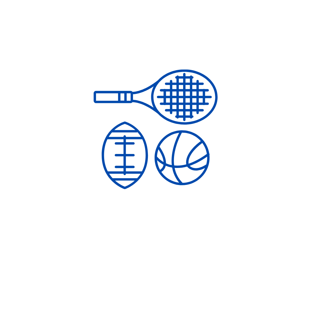 Tennis Raquet, football, and basketball